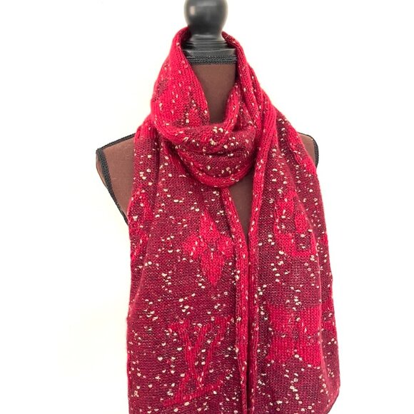 New Louis Vuitton Wool Wrap Medallion Logomania Red Burgundy Reversible Scarf - Picture 5 of 12